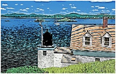 Browns Head Light Over Bay in Maine -Digital Painting